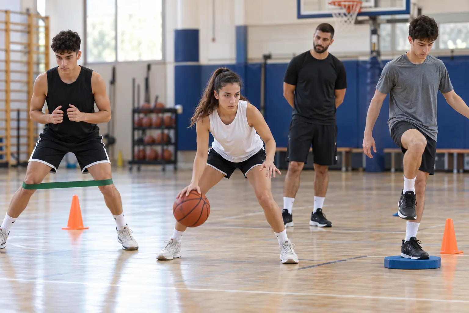 שחקני כדורסל צעירים מבצעים חימום דינמי באולם